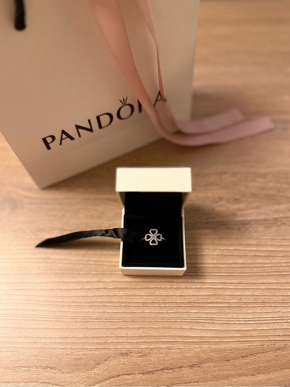 Pandora Silver Clover Ring with Clear Stones Size 8
